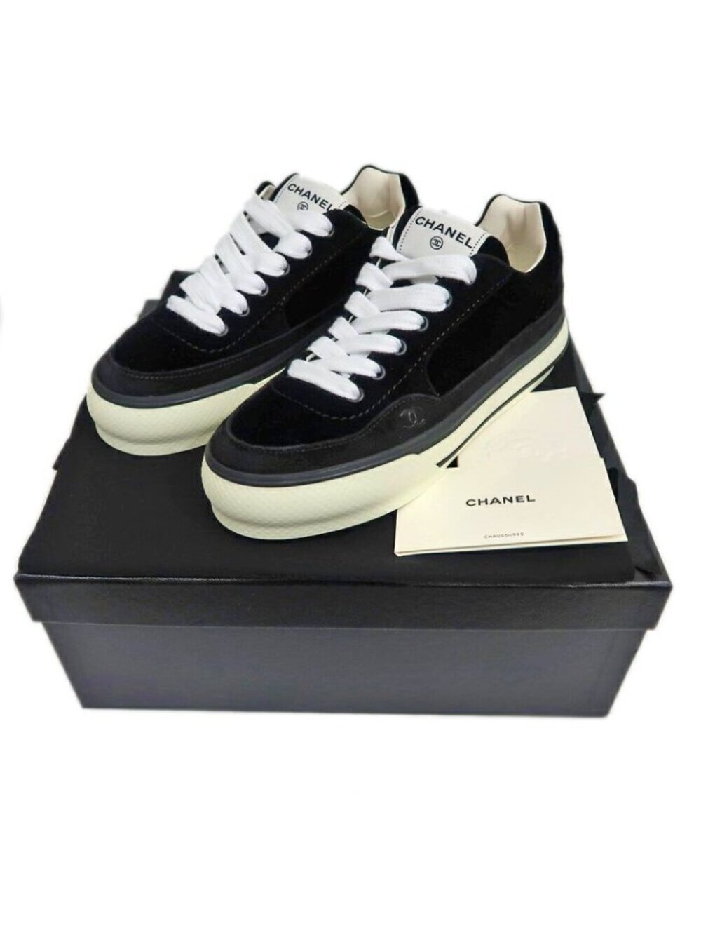 Chanel Suede Sneakers 38 Black Off White - Picture 10 of 10